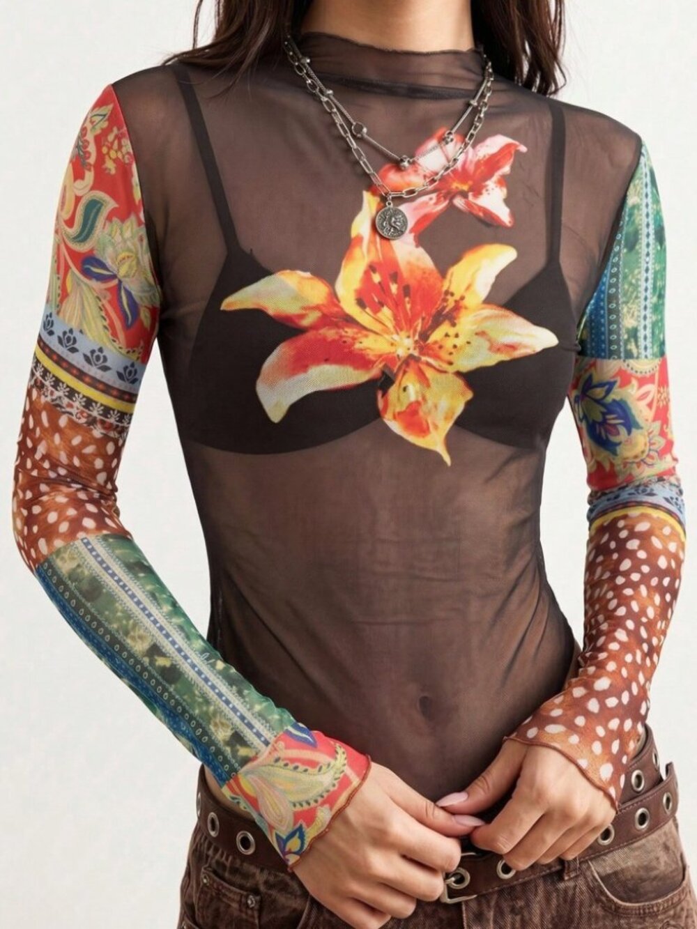 Black Sheer Mesh Top with Floral Print Patterned Sleeves
